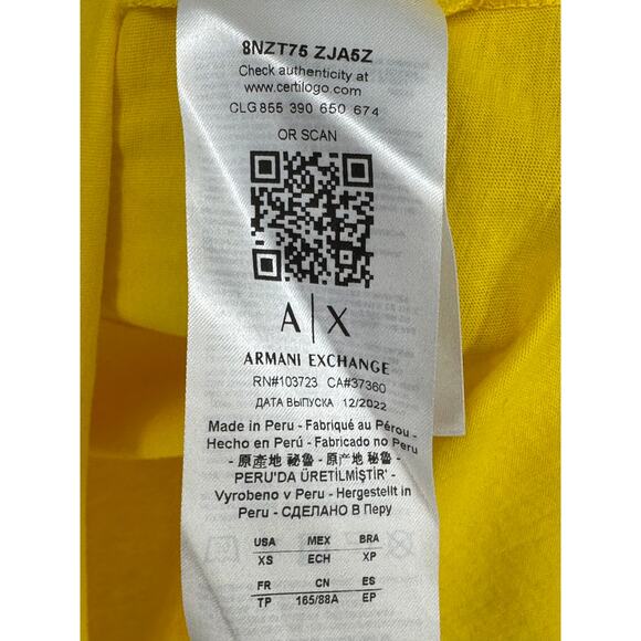 Armani Exchange A/X Pima Cotton Tee Yellow Short Sleeve V-Neck Casual Summer XS - Picture 5 of 8